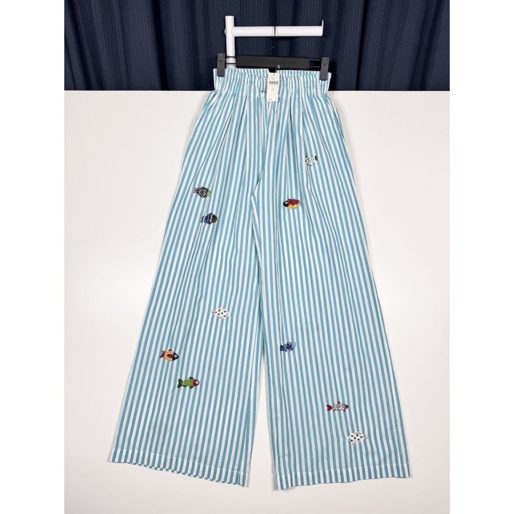 $138 NEW Celandine Anthropologie Blue & White Striped Beaded Fish Pants XXS READ